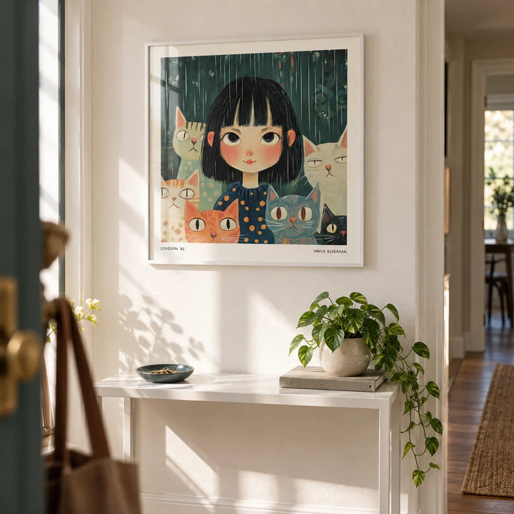 Japanese Paintings, framed on the wall of a bright hallway with a white wall