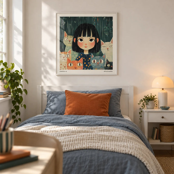 Japanese Paintings, framed on the wall of a calm teen girl's bedroom (13-17) with a white wall