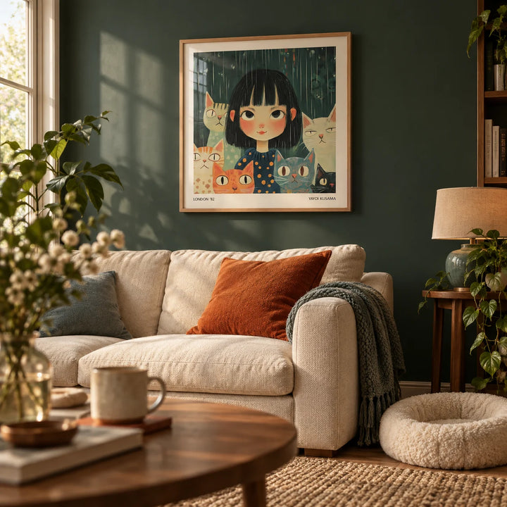 Japanese Paintings, framed on the wall of a cosy first-flat living room (22-28) with a dark green painted wall