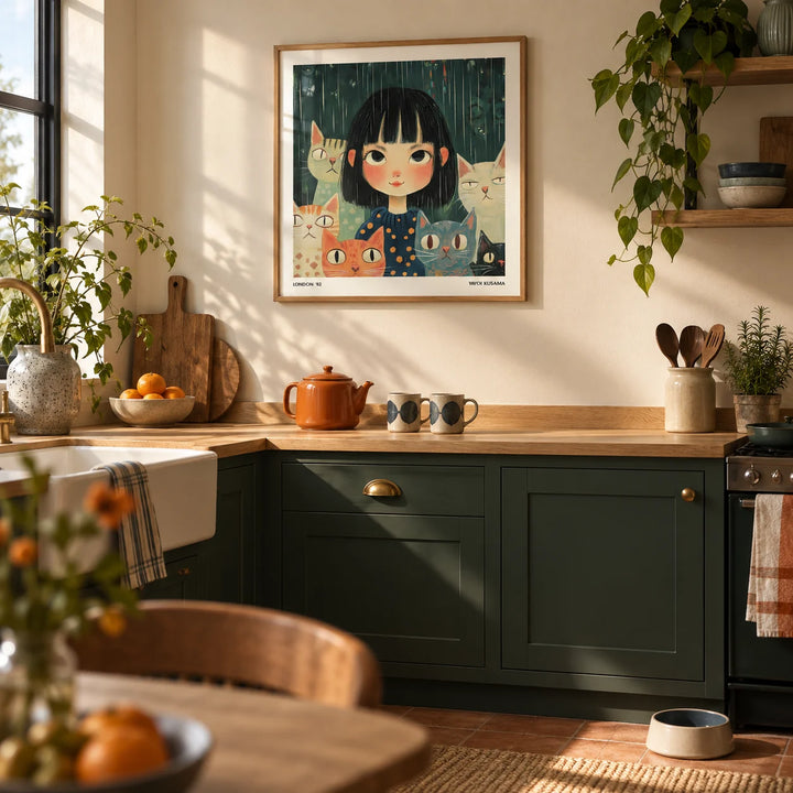 Japanese Paintings, framed on the wall of a cosy kitchen with a cream wall and dark green cabinets