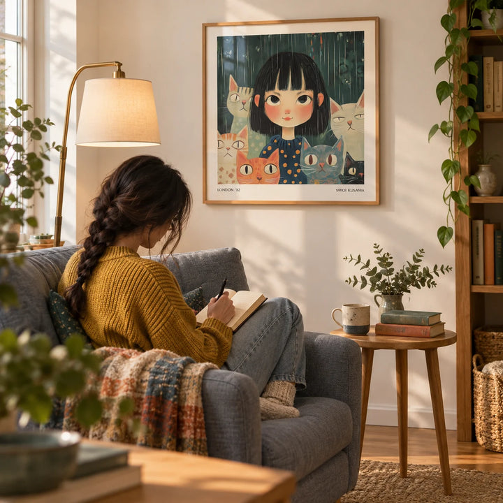 Japanese Paintings, framed on the wall of a cosy reading corner with a warm white wall in a living room