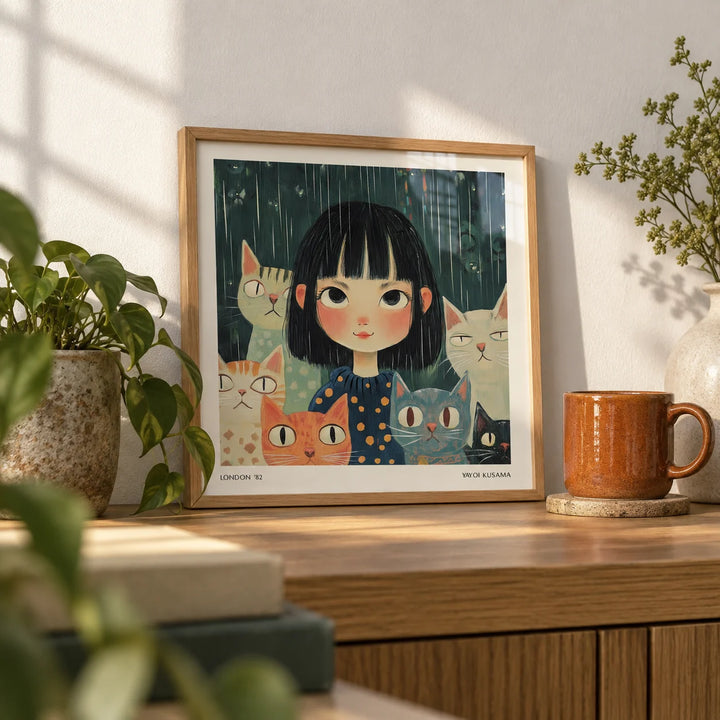 Japanese Paintings, a small A4 framed print leaning on an oak shelf in a living room