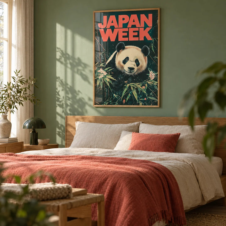 Japanese Panda Art, framed on the wall of a calm bedroom with a soft green wall