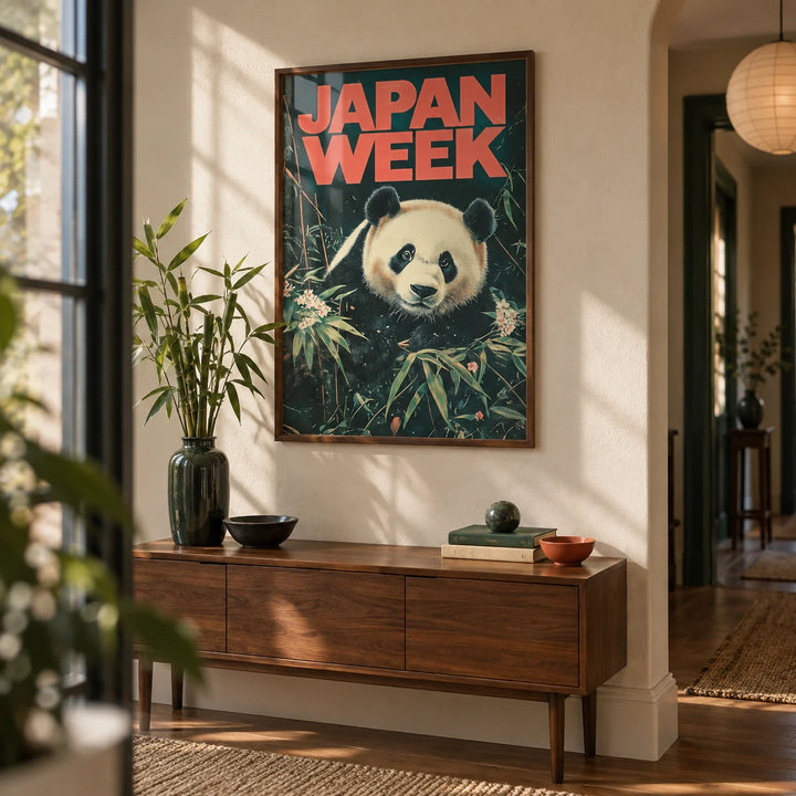 Japanese Panda Art, framed on the wall of a characterful hallway with a cream wall