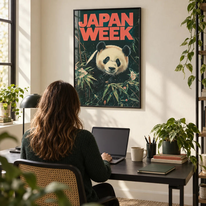 Japanese Panda Art, framed on the wall of a home office with a cream wall