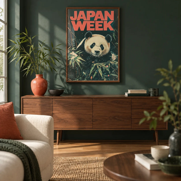 Japanese Panda Art, framed on the wall of a living room with a deep bamboo green wall and an oak floor