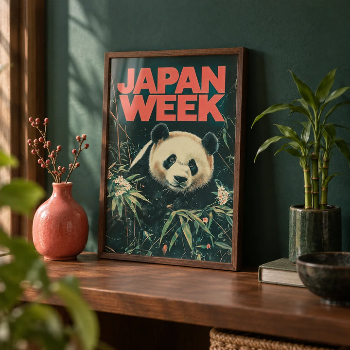 Japanese Panda Art, a small A4 framed print leaning on a walnut shelf in a living room