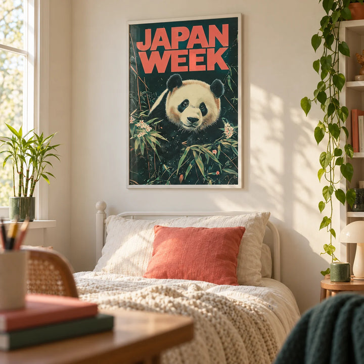 Japanese Panda Art, framed on the wall of a teenage girl's bedroom (14-17) with a cream wall