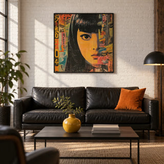 Japanese Pop Art, framed on the wall of an industrial loft living room with white painted brick and a dark wood floor