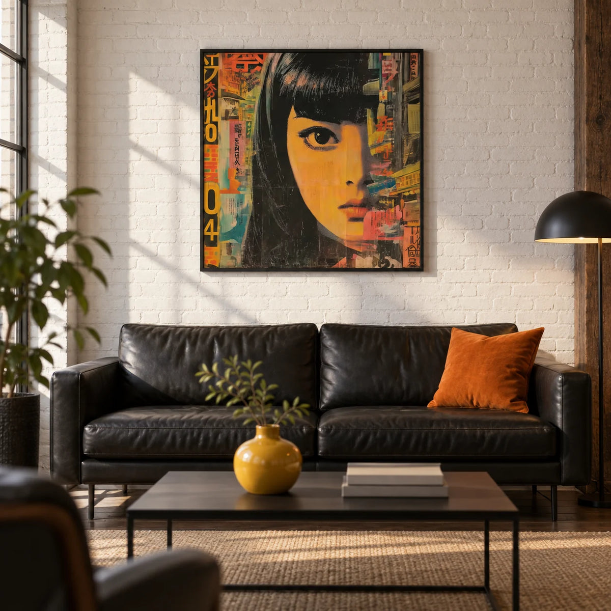 Japanese Pop Art, framed on the wall of an industrial loft living room with white painted brick and a dark wood floor