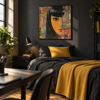 Japanese Pop Art, framed on the wall of a stylish single bedroom for a male student or graduate (18-25) with a charcoal wall