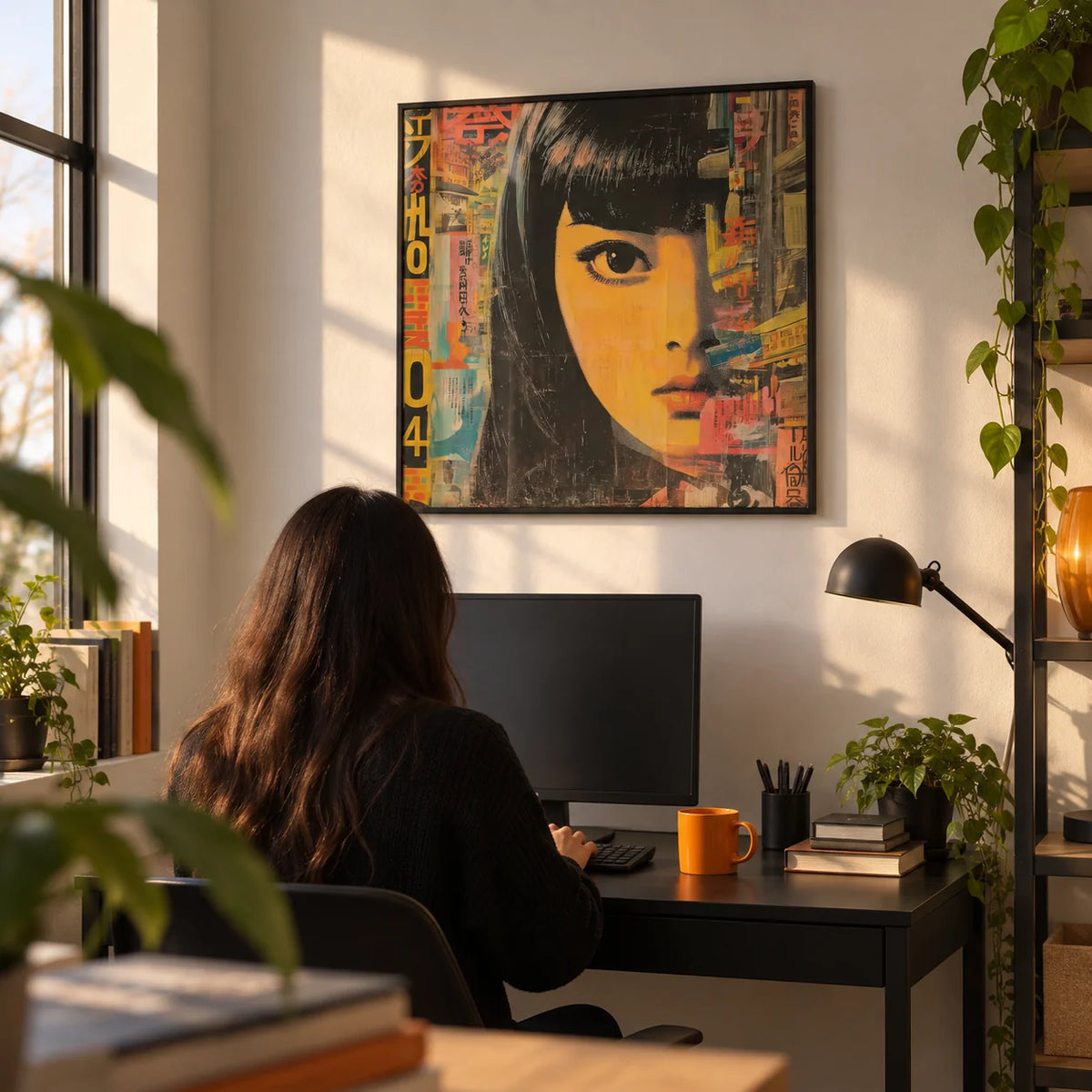 Japanese Pop Art, framed on the wall of a young adult's desk corner (20-30) with a white wall