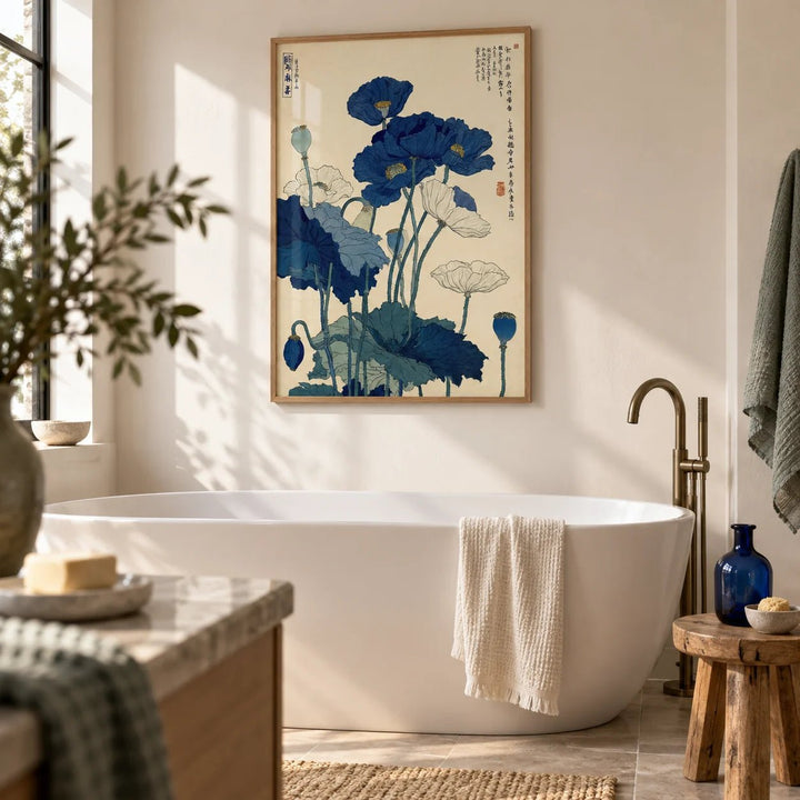 Japanese Poppy Wall Art, framed on the wall of a calm bathroom with warm white walls