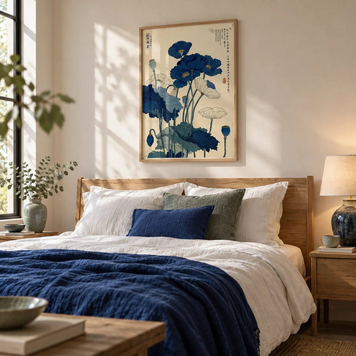 Japanese Poppy Wall Art, framed on the wall of a calm bedroom
