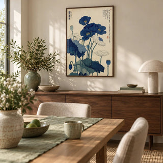 Japanese Poppy Wall Art, framed on the wall of a calm dining room