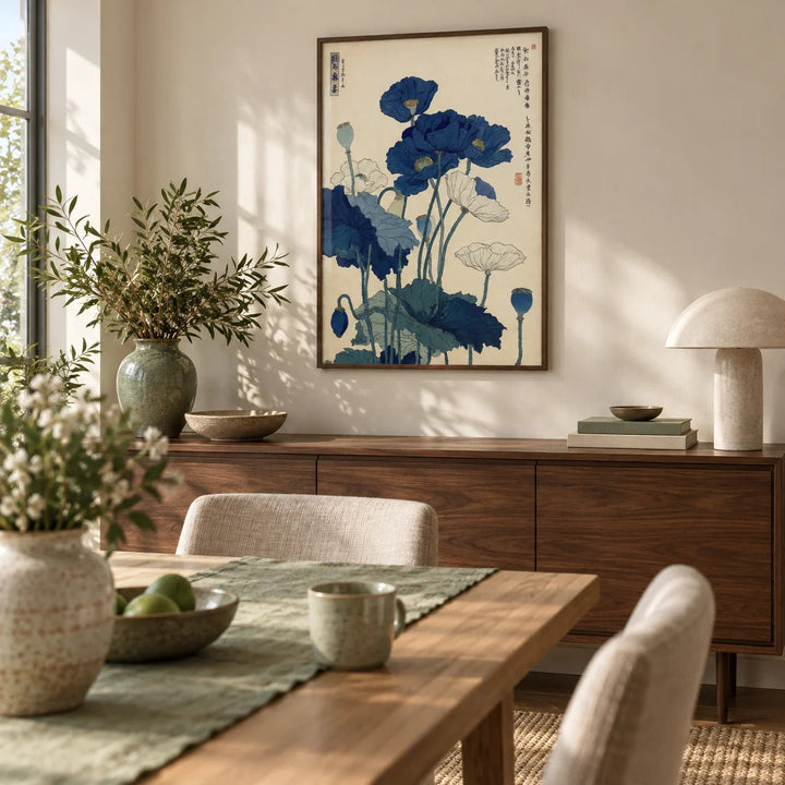 Japanese Poppy Wall Art, framed on the wall of a calm dining room