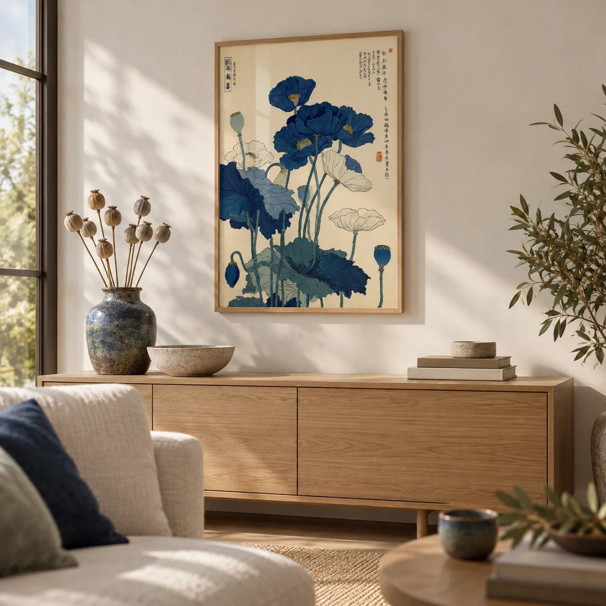 Japanese Poppy Wall Art, framed on the wall of a Japandi living room
