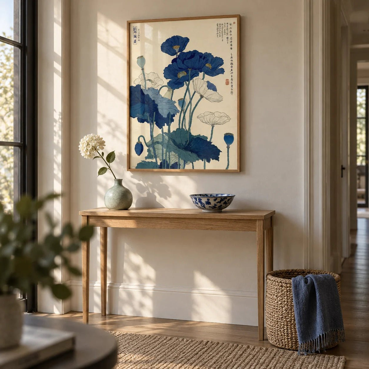 Japanese Poppy Wall Art, framed on the wall of a quiet hallway