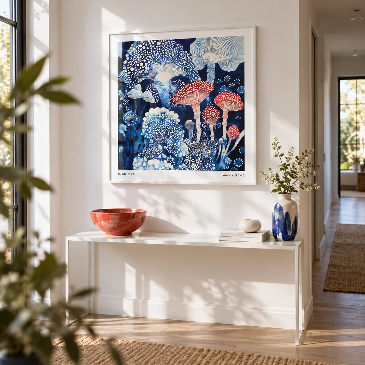 Japanese Poster, framed on the wall of a bright hallway with a white wall