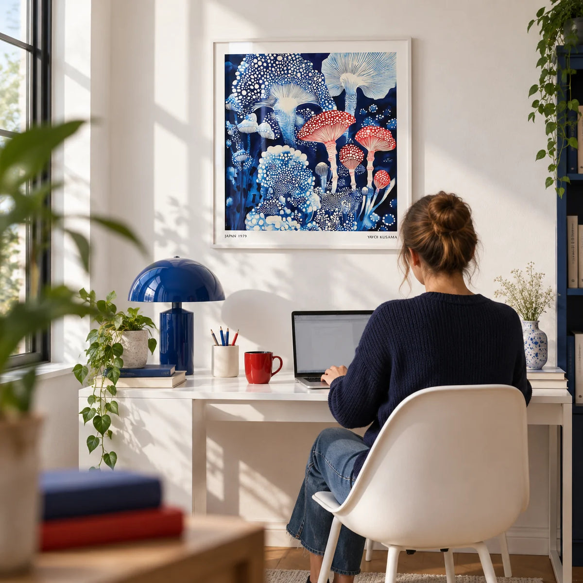 Japanese Poster, framed on the wall of a bright home office with a white wall