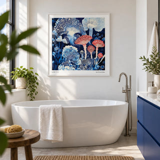 Japanese Poster, framed on the wall of a modern bathroom with plain white walls and a plain cobalt blue vanity unit