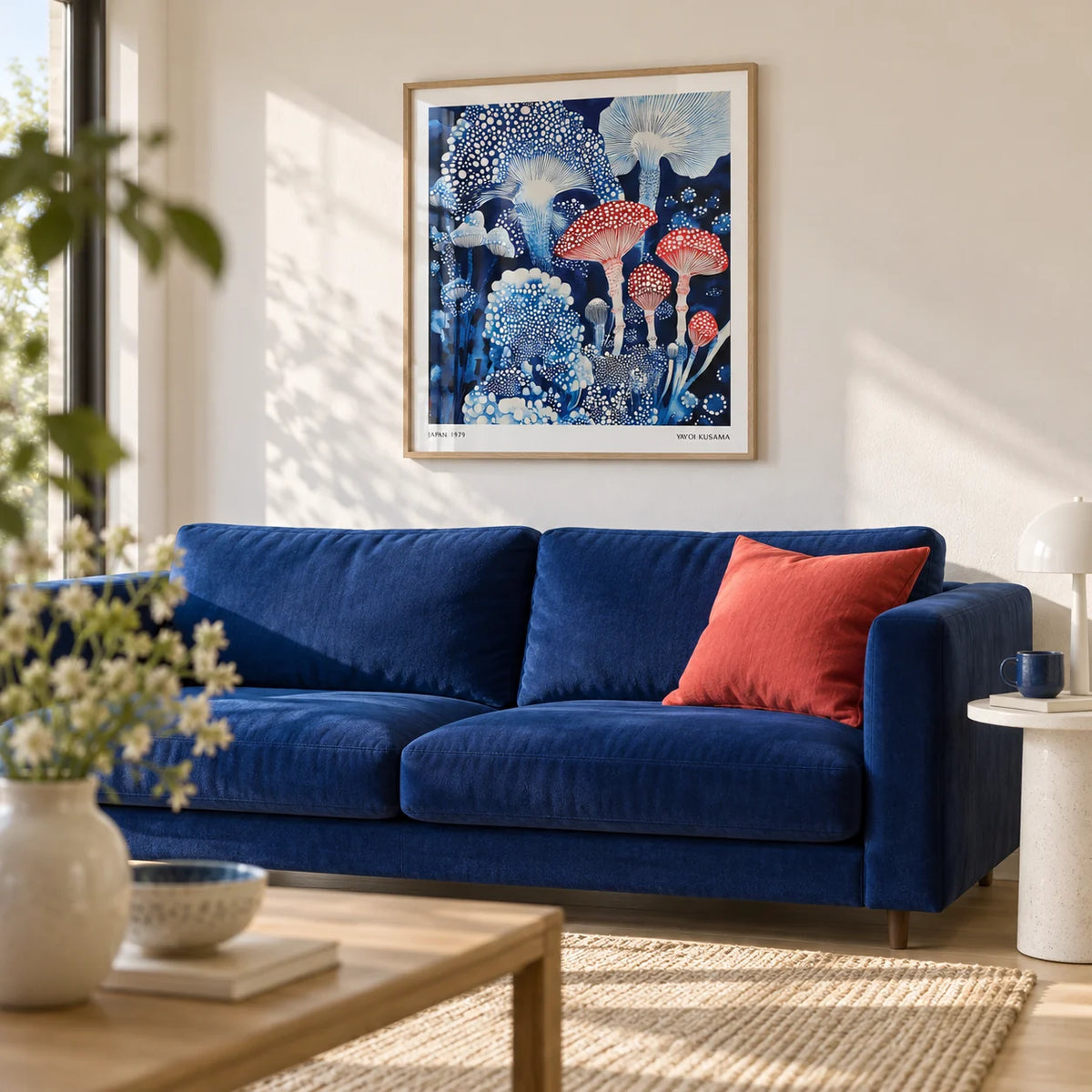Japanese Poster, framed on the wall of a modern living room with a warm white wall and a pale oak floor