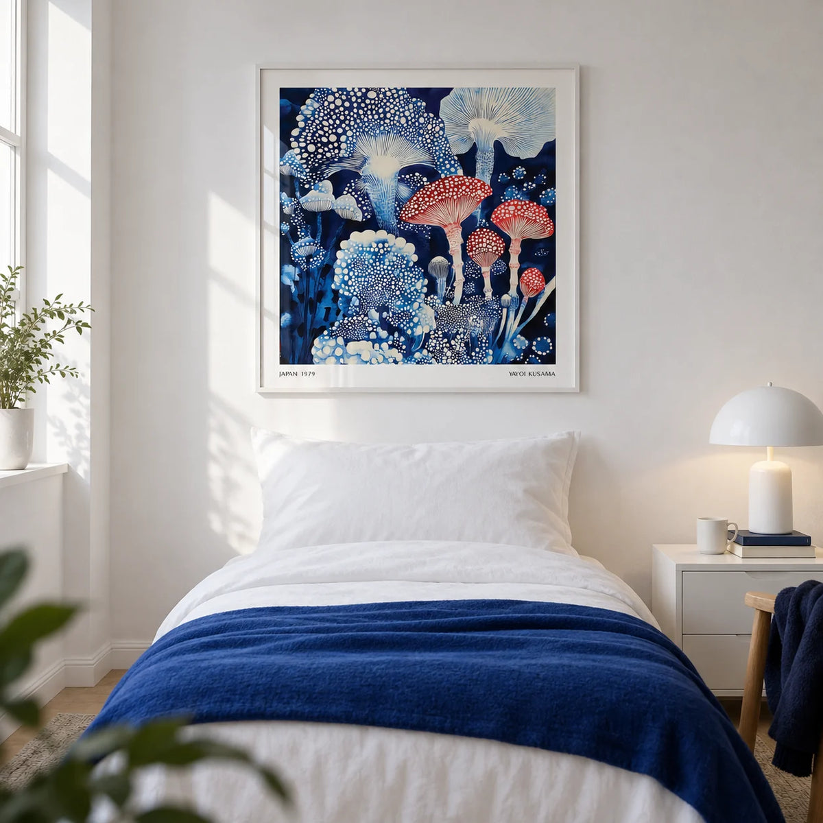 Japanese Poster, framed on the wall of a modern single bedroom in a first flat (22-28) with a white wall