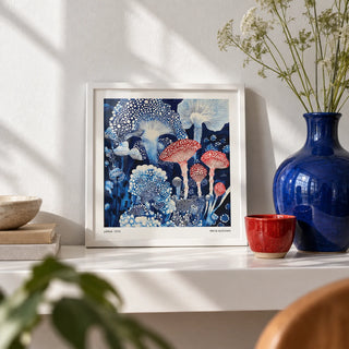 Japanese Poster, a small A4 framed print leaning on a white shelf in a living room