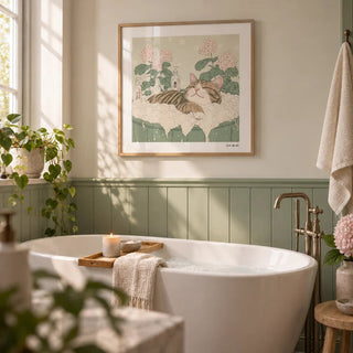 Japanese Posters, framed on the wall of a calm bathroom with sage green panelling