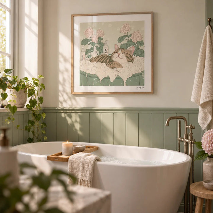 Japanese Posters, framed on the wall of a calm bathroom with sage green panelling