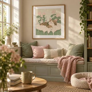 Japanese Posters, framed on the wall of a cosy reading nook in a living room