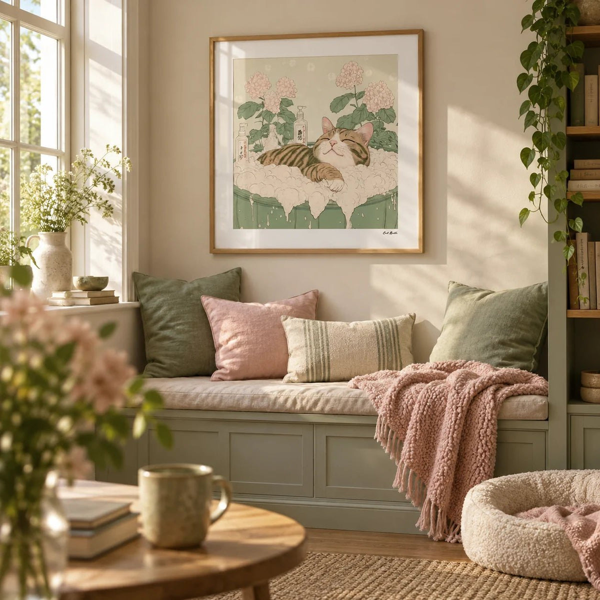 Japanese Posters, framed on the wall of a cosy reading nook in a living room