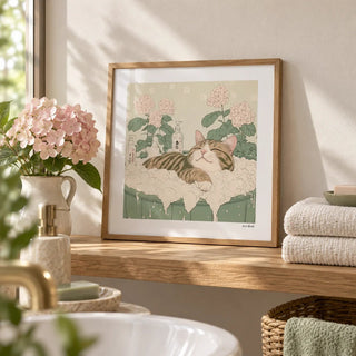 Japanese Posters, a small A4 framed print leaning on an oak bathroom shelf