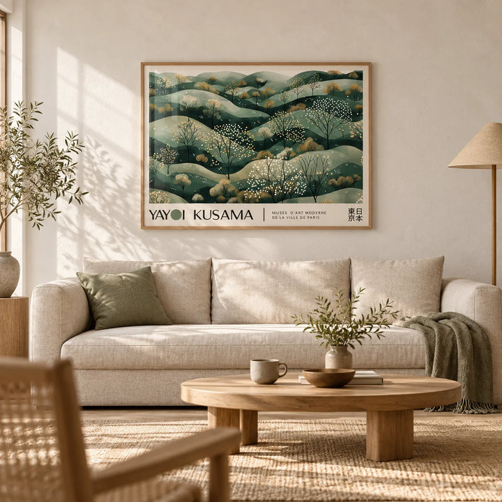 Japanese Prints for Sale, framed on the wall of a calm Japandi living room with a warm white limewashed wall and a pale oak floor