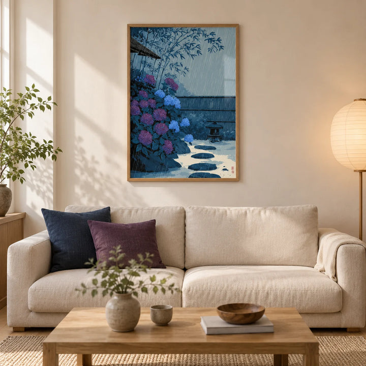 Japanese Rain Print, framed on the wall of a calm Japanese-influenced living room in a UK terraced house with warm white plaster walls and an oak floor