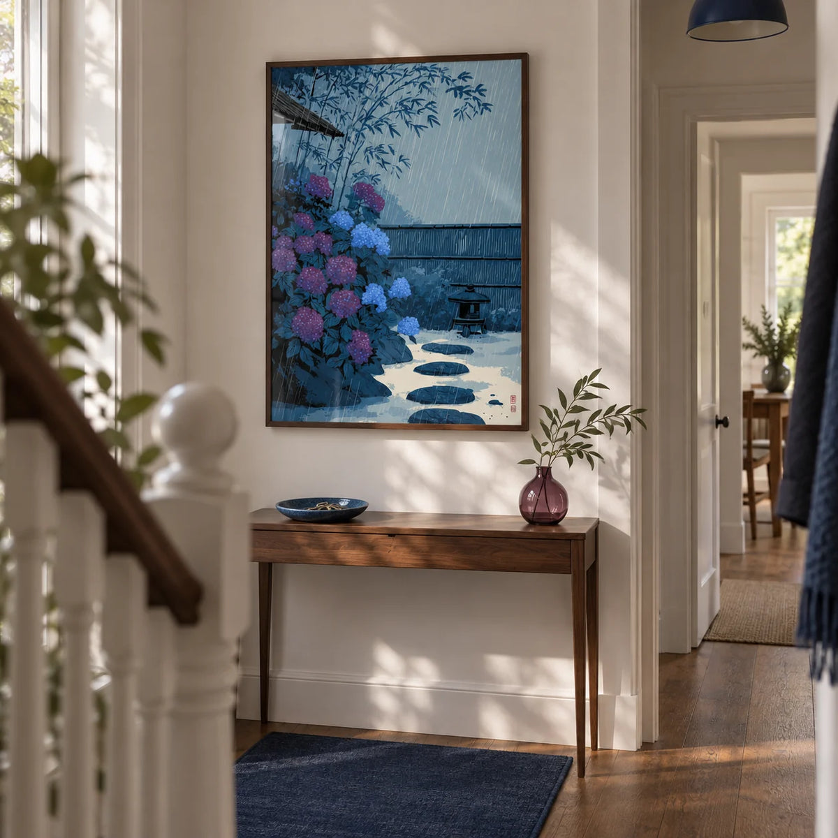 Japanese Rain Print, framed on the wall of a narrow entrance hallway in a renovated UK terrace with chalk-white walls and warm timber flooring