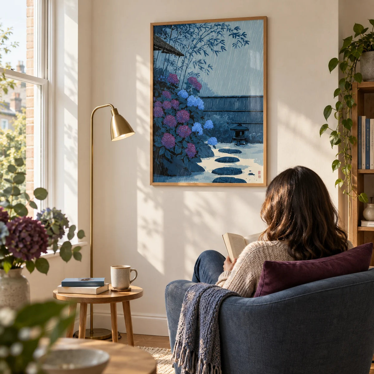 Japanese Rain Print, framed on the wall of a quiet reading corner beside a tall window in a design-conscious UK flat with a warm white wall in a living room