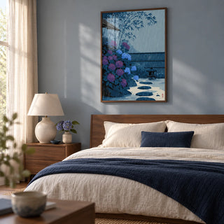 Japanese Rain Print, framed on the wall of a restful contemporary bedroom with a pale blue-grey wall and walnut furniture