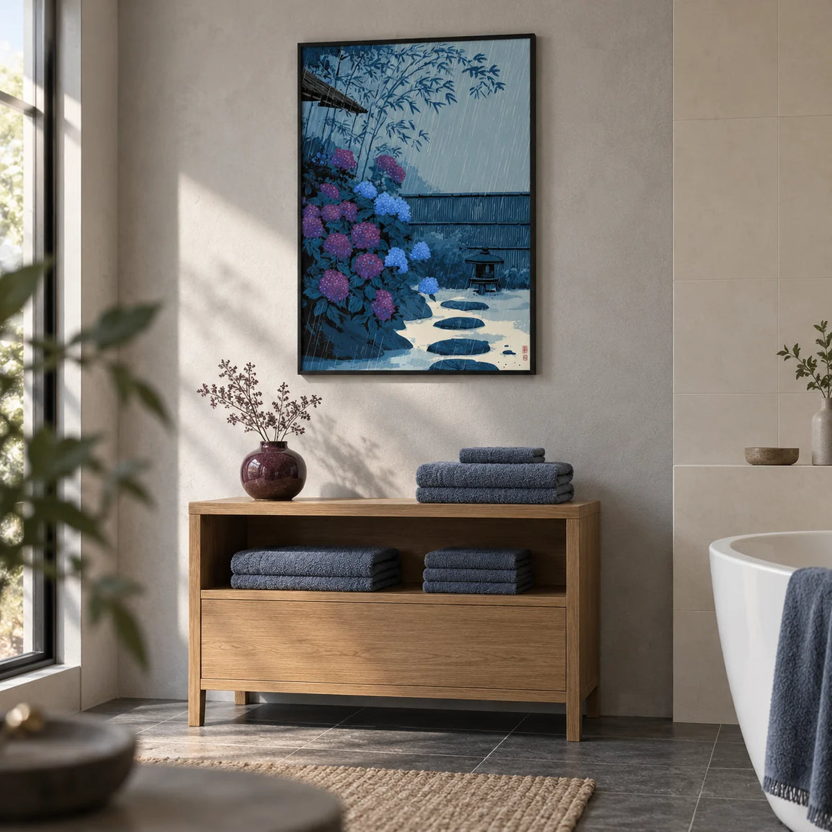 Japanese Rain Print, framed on the wall of a serene contemporary bathroom with a dry pale grey plaster wall
