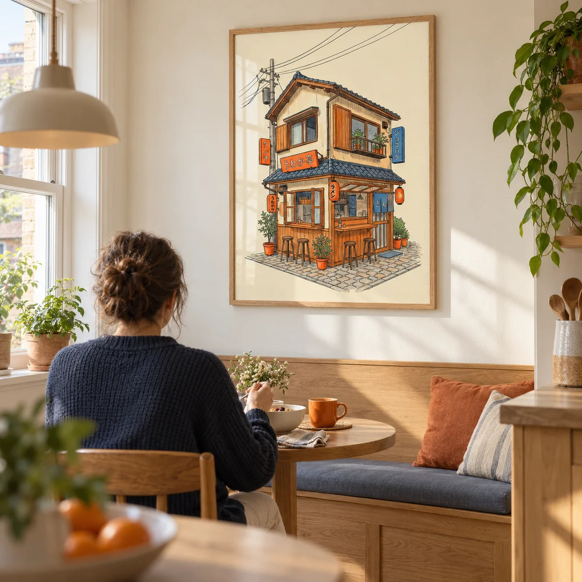 Japanese Restaurant Wall Art, framed on the wall of a bright kitchen breakfast nook in a UK maisonette with a cream wall and a built-in oak banquette