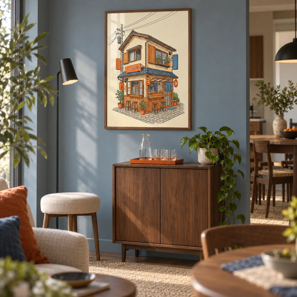 Japanese Restaurant Wall Art, framed on the wall of a compact home bar corner within a modern open-plan living and dining room with a muted blue-grey wall