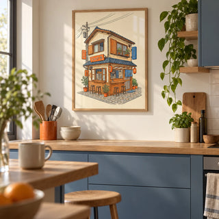 Japanese Restaurant Wall Art, framed on the wall of a compact modern kitchen in a first flat (25-30) with blue-grey lower cabinets