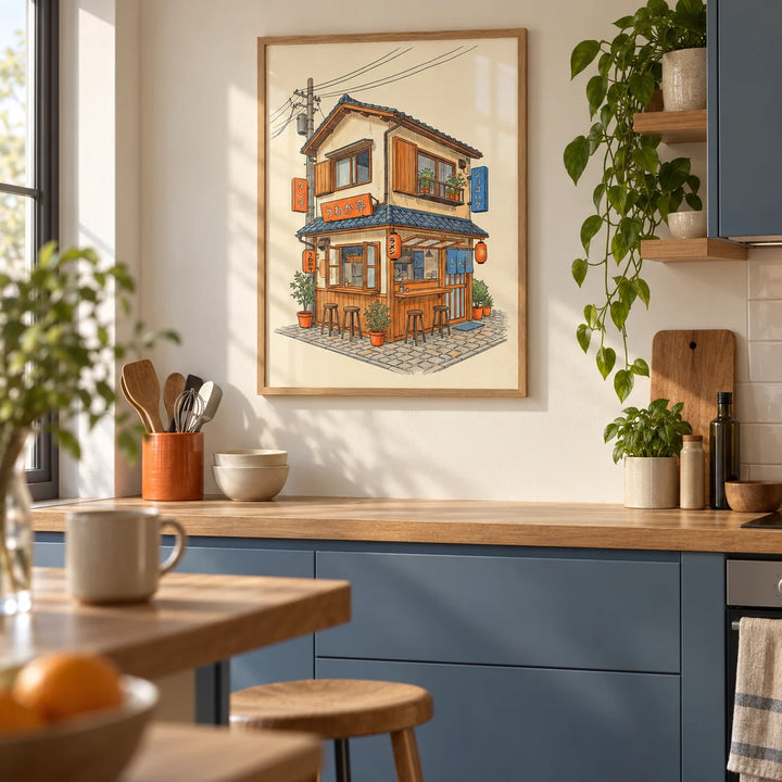 Japanese Restaurant Wall Art, framed on the wall of a compact modern kitchen in a first flat (25-30) with blue-grey lower cabinets