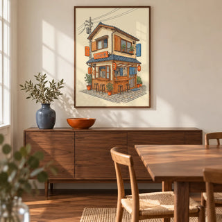 Japanese Restaurant Wall Art, framed on the wall of a contemporary dining room in a UK city flat with a warm cream wall and walnut flooring