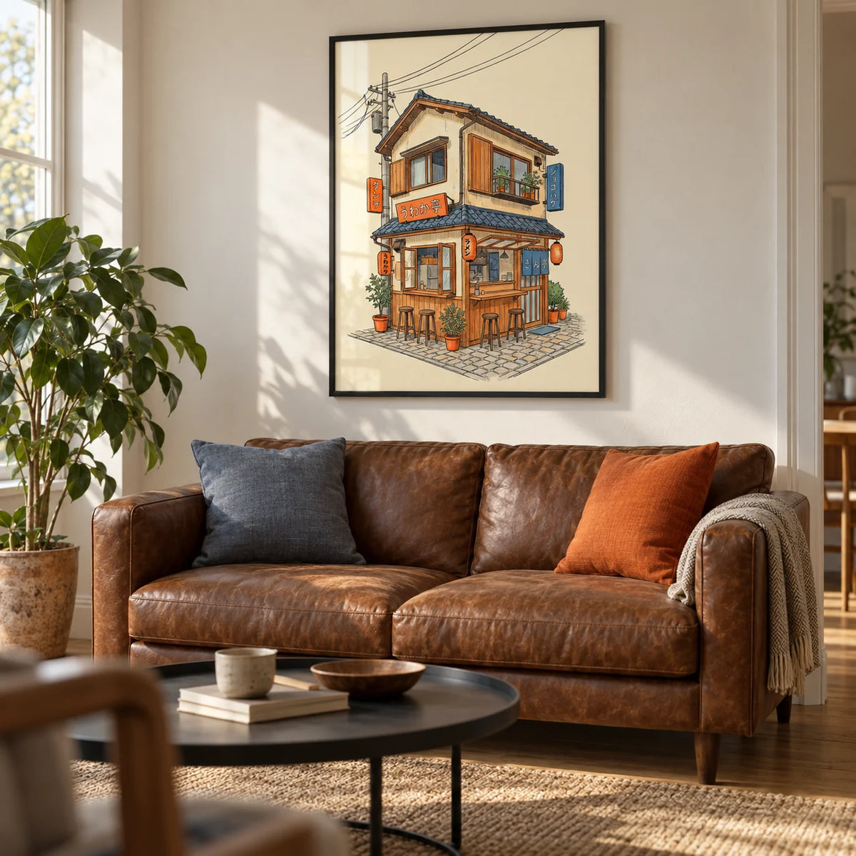 Japanese Restaurant Wall Art, framed on the wall of a design-led living room in a renovated UK terrace with warm white walls and an oak floor