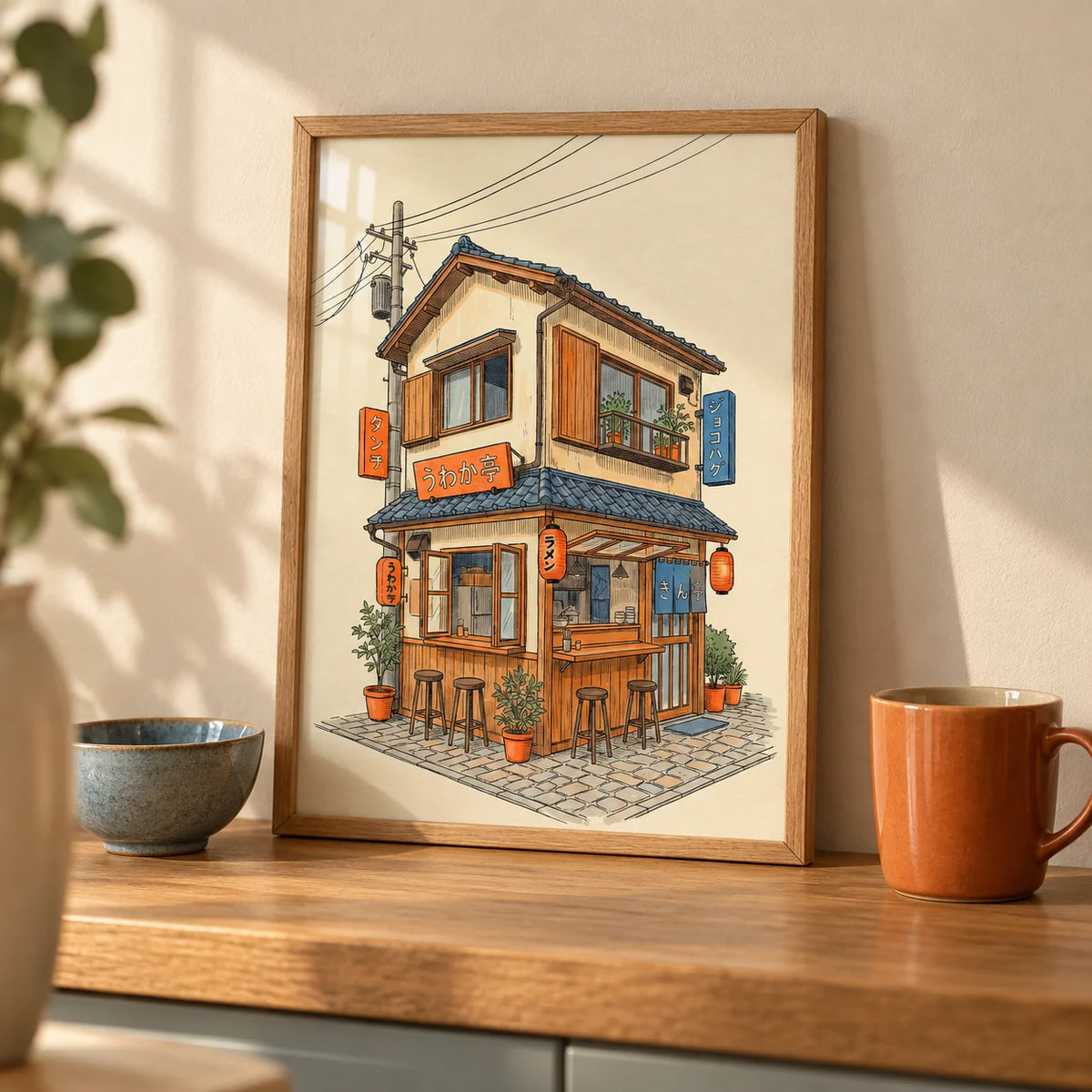 Japanese Restaurant Wall Art, a small A4 framed print leaning on an oak kitchen worktop