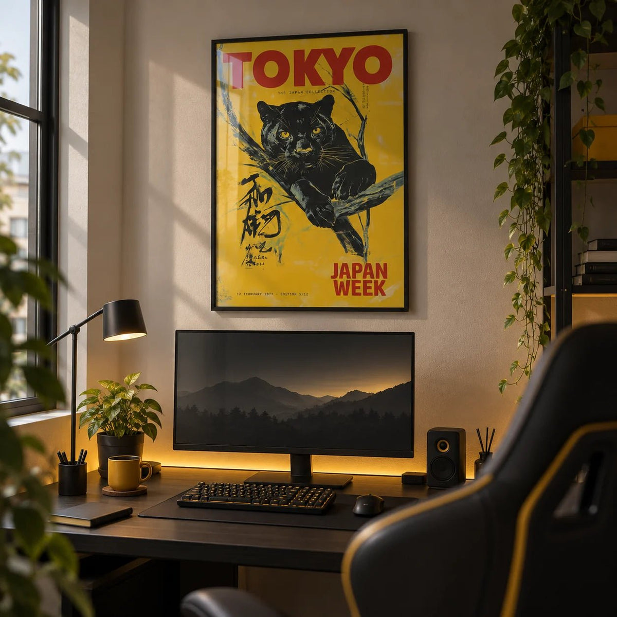 Japanese Retro Poster, framed on the wall of a bedroom desk setup