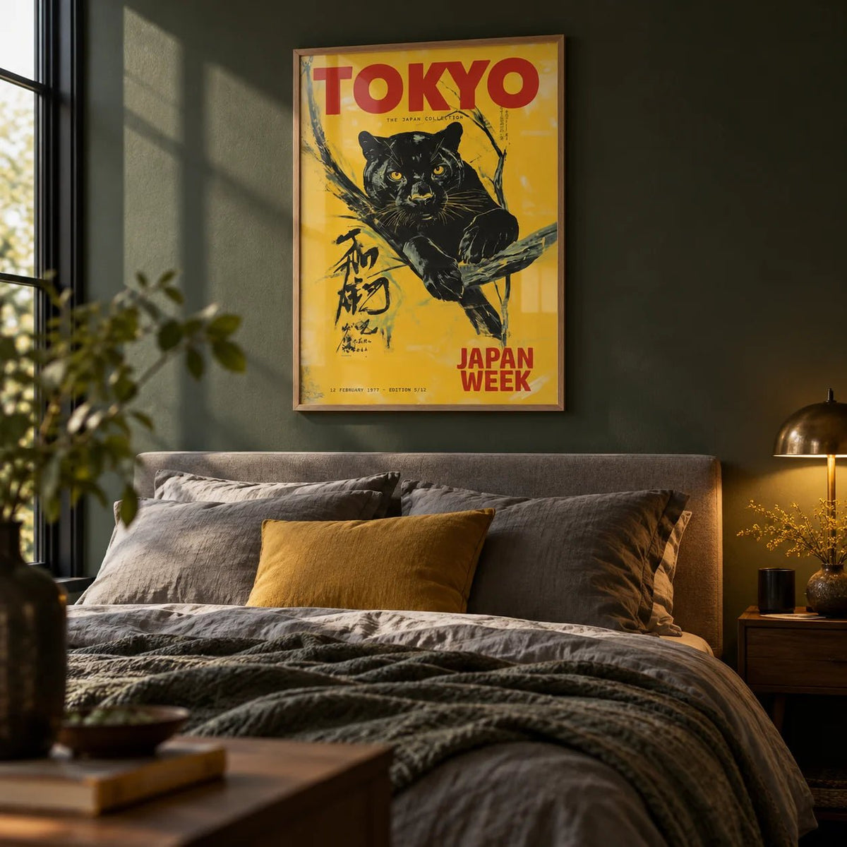 Japanese Retro Poster, framed on the wall of a moody bedroom with a dark green wall