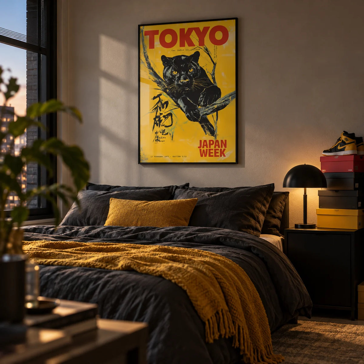 Japanese Retro Poster, framed on the wall of a stylish young man's bedroom