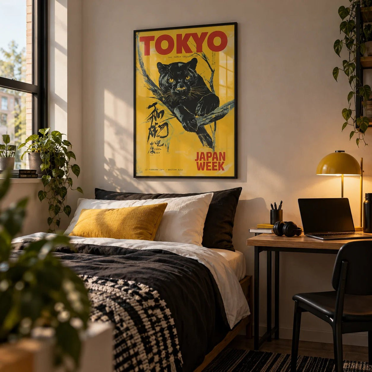Japanese Retro Poster, framed on the wall of a styled uni room in a bedroom